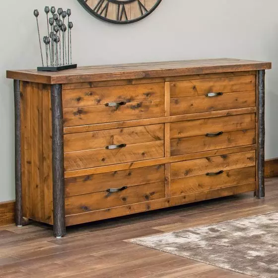 Six Drawer Pine Barnwood Style Rustic Dresser with hickory accents