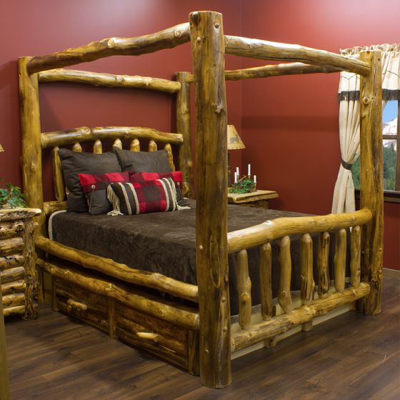 Beartooth Aspen Log Canopy Bed w/ Half Log Under Bed Drawers