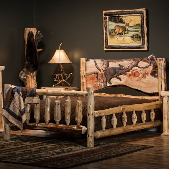 Cedar Lake Spindle Hand Carved Panel Bed w/ Double Spindled Side Rails