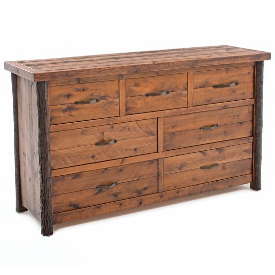 Rustic Seven Drawer Weathered Wood Dresser with Hickory Accents