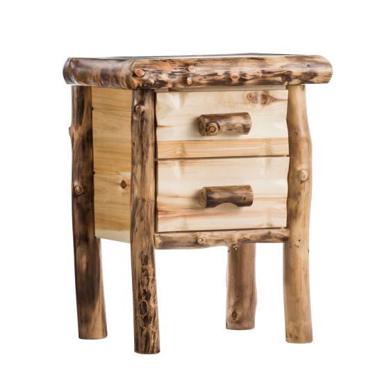 Yellowstone Aspen 2 Drawer Log Nightstand--Flat drawer front, Clear finish, Light aspen, Standard logs