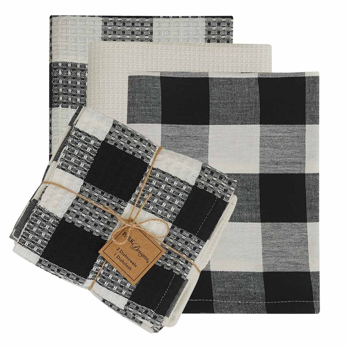 Rustic Black & Cream Checkered 4 Piece Kitchen Towel Set