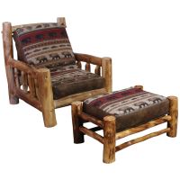 Beartooth Aspen Log Futon Chair & Matching Ottoman - Dakota Brandy Leather Accent Upholstery & River Run Wine Main Fabric Upholstery