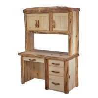 Beartooth Aspen Log Student Desk & Matching Hutch - Flat Fronts - Natural Panel & Natural Logs - Standard Top Finish - Standard 3 Drawers - Pencil Drawer - Drawers on Right