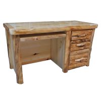 Beartooth Aspen Log Student Desk - Half Log Fronts - Natural Panel & Natural Logs - Liquid Glass Top Finish - Standard 3 Drawers - Keyboard Tray - Drawers on Right