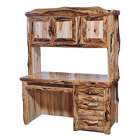 Beartooth Aspen Log Student Desk & Matching Hutch - Half Log Fronts - Wild Panel & Gnarly Logs - Liquid Glass Top Finish - Standard 3 Drawers - Keyboard Tray - Drawers on Right