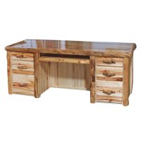 Beartooth Aspen Sierra Log Desk - Flat Fronts - Wild Panel & Natural Log - Liquid Glass Top Finish - Standard Left & Right Drawers - Keyboard Tray