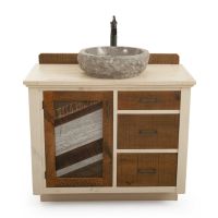 Rustic Antiqued Chevron Vanity - Weathered Gray - Custom Build - 36" Sink Center built with drawers.  Top drawer is faux so a vessel sink can be centered on the vanity. 