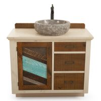Rustic Antiqued Chevron Vanity - Faded Aqua - Custom Build - 36" Sink Center built with drawers.  Top drawer is faux so a vessel sink can be centered on the vanity. 