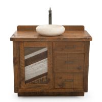 Rustic Chevron Barnwood Vanity - 36" Sink Center built with drawers. Top drawer is faux so a vessel sink can be centered on the vanity.