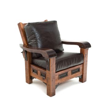 Rustic Ranch Barn Wood Lounge Chair - Morris Style - Hampton Molasses Genuine Leather Cushions