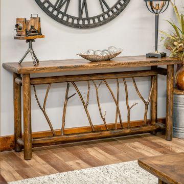 Cedar Sofa Table with Unique Twig and Branch Design in Barnwood Lager Finish