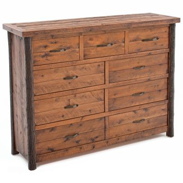 Sawmill Hickory 9 Drawer Rough Sawn Dresser--Antique Barnwood finish, Metal handles