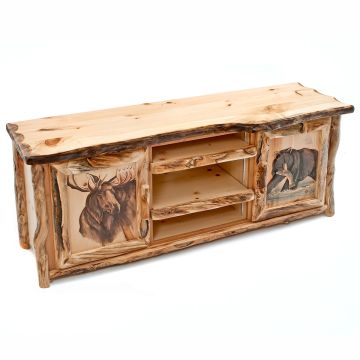 Carved Aspen Wildlife TV Stand--Clear Finish w/ Moose & Bear