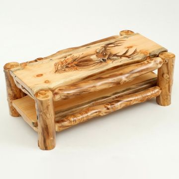 Carved Aspen Wildlife Mountain Man Coffee Table--Clear Finish w/ Deer Scene