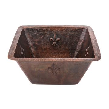 15" Square Fleur De Lis Oil Rubbed Bronze Hammered Copper Bar & Prep Sink - 2" Drain