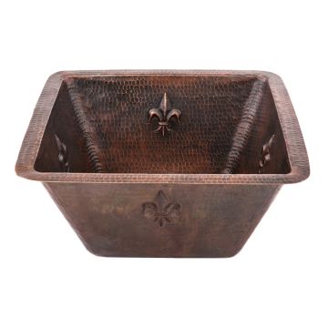 15" Square Fleur De Lis Oil Rubbed Bronze Hammered Copper Bar & Prep Sink - 3.5" Drain