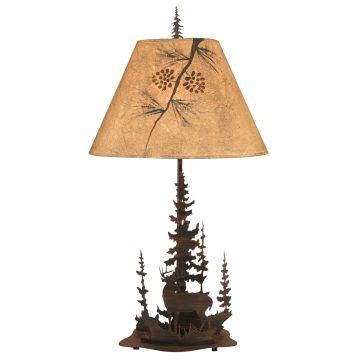Wrought Iron Buck and Doe with Pine Trees Table Lamp