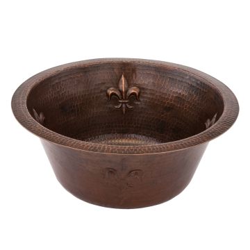 16" Round Fleur De Lis Oil Rubbed Bronze Hammered Copper Bar & Prep Sink - 3.5" Drain