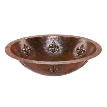 19" Oval Fleur De Lis Oil Rubbed Bronze Hammered Copper Bathroom Sink