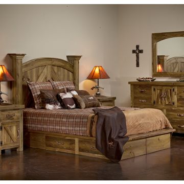 Heartland Weathered Wood Platform Bed--Clear finish, Platform drawers w/ leather handles