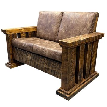 Sawmill Royal Timber Loveseat - In Antique Barnwod Finish with Tawny Bark Leather Fabric Cushions 