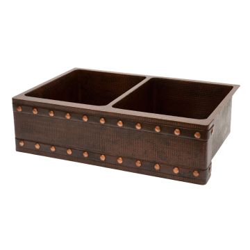 33" Apron Front Barrel Strap Oil Rubbed Bronze Hammered Copper 50/50 Double Basin Kitchen Sink