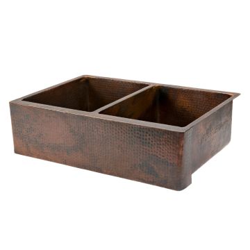 33" Apron Front Oil Rubbed Bronze Hammered Copper 50/50 Double Basin Kitchen Sink