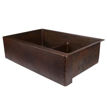 33" Apron Front Oil Rubbed Bronze Hammered Copper 50/50 Short Divider Double Basin Kitchen Sink