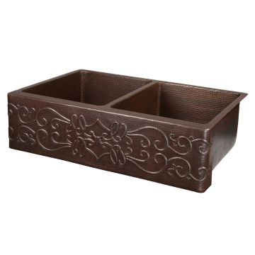 33" Apron Front Scroll Oil Rubbed Bronze Hammered Copper 50/50 Double Basin Kitchen Sink