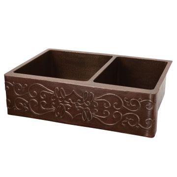 33" Apron Front Scroll Oil Rubbed Bronze Hammered Copper 60/40 Double Basin Kitchen Sink
