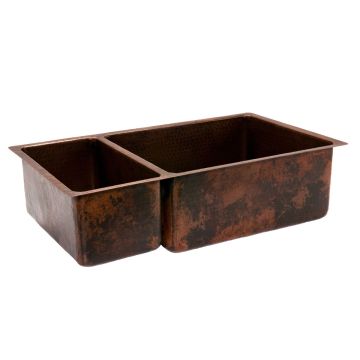 33" Oil Rubbed Bronze Hammered Copper 25/75 Double Basin Kitchen Sink