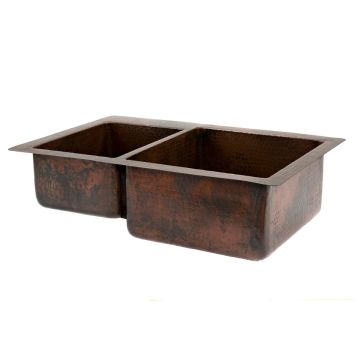 33" Oil Rubbed Bronze Hammered Copper 40/60 Double Basin Kitchen Sink