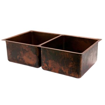 33" Oil Rubbed Bronze Hammered Copper 50/50 Double Basin Kitchen Sink