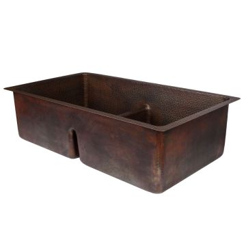 33" Oil Rubbed Bronze Hammered Copper 50/50 Short Divider Double Basin Kitchen Sink