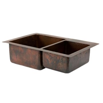 33" Oil Rubbed Bronze Hammered Copper 60/40 Double Basin Kitchen Sink