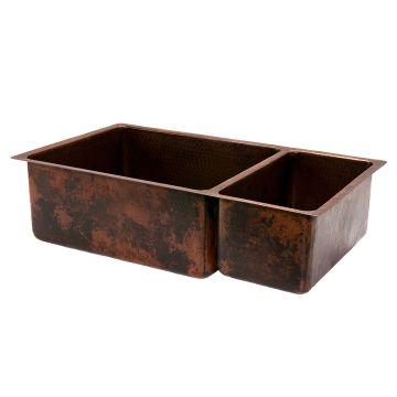 33" Oil Rubbed Bronze Hammered Copper 75/25 Double Basin Kitchen Sink