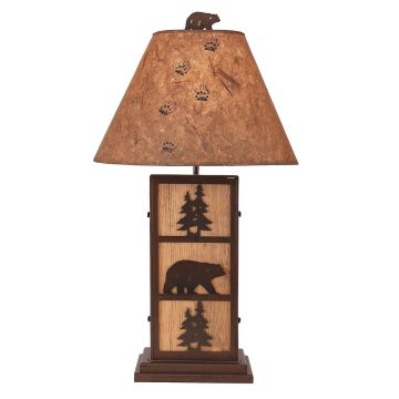 Rustic Forest Bear Iron & Wood Table Lamp