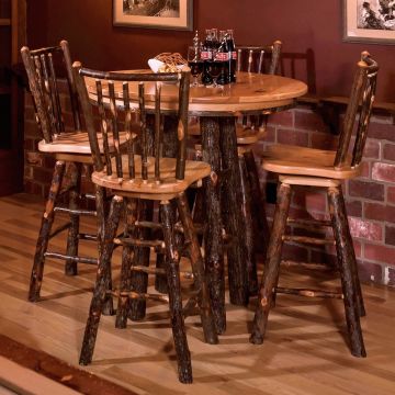 Hickory Round Pub Table shown with optional Stick Back Barstools