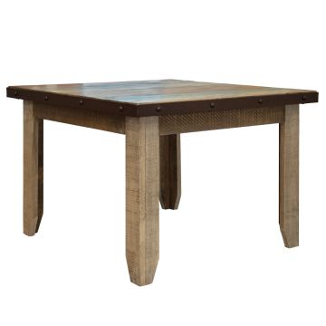 Antique Square Barnwood Dining Table, Painted Pine Top Wrapped in Iron Trim. 