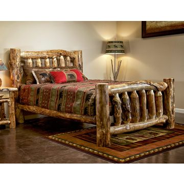 Original Aspen Log Bed--Queen, Clear finish, Light aspen, Extra gnarly logs, 5-6" corner log posts, Single log side rails