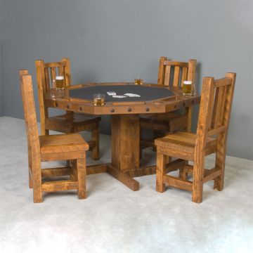 Rustic Barnwood Reversible Top Poker Table & Optional Chairs - Honey Pine Finish - Charcoal Felt