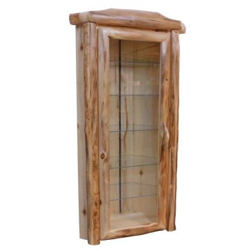 Beartooth Aspen Corner Log Display Cabinet - 33" - Half Log Front - Natural Panel & Natural Log - Hinge Left - Extra Shelf