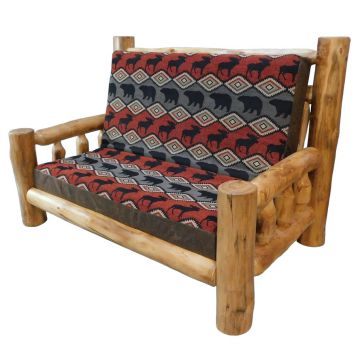 Beartooth Aspen Log Futon Loveseat - Natural Log - Dakota Brandy Accent Upholstery & Gatlinburg Mesa Main Upholstery