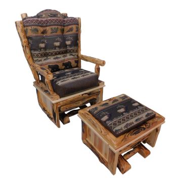 Beartooth Aspen Upholstered Log Glider & Matching Ottoman - Natural Panel & Gnarly Log - Dakota Brandy Accent Upholstery & Cloudcroft Earth Main Upholstery
