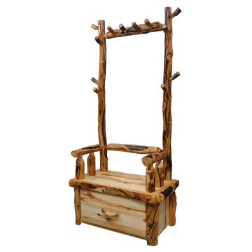 Beartooth Aspen Log Hall Tree Bench - Flat Front - 36" - Wild Panel & Gnarly Log - Arm & Back Rest