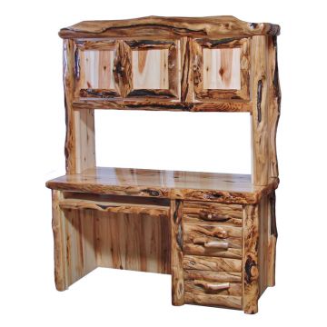 Beartooth Aspen Log Student Desk & Matching Hutch - Half Log Fronts - Wild Panel & Gnarly Logs - Liquid Glass Top Finish - Standard 3 Drawers - Keyboard Tray - Drawers on Right