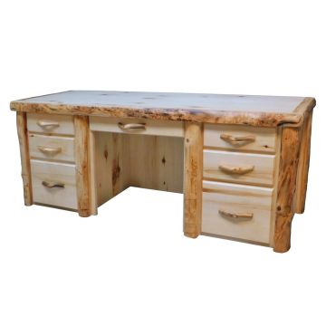 Beartooth Aspen Sierra Log Executive Desk - Flat Fronts - Natural Panel & Natural Log - Standard Top Finish - Standard Left & Right Drawers - Pencil Drawer