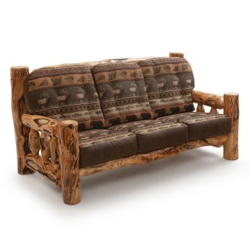 Beartooth Aspen Timber Comfort Log Sofa - Gnarly Log - Dakota Brandy Accent Upholstery & Cloudcroft Earth Main Upholstery