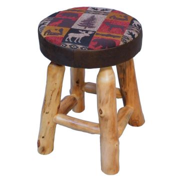 Beartooth Aspen Upholstered Log Dining Stool - Natural Log - Dakota Brandy Accent Upholstery & Fairbanks Red Main Upholstery